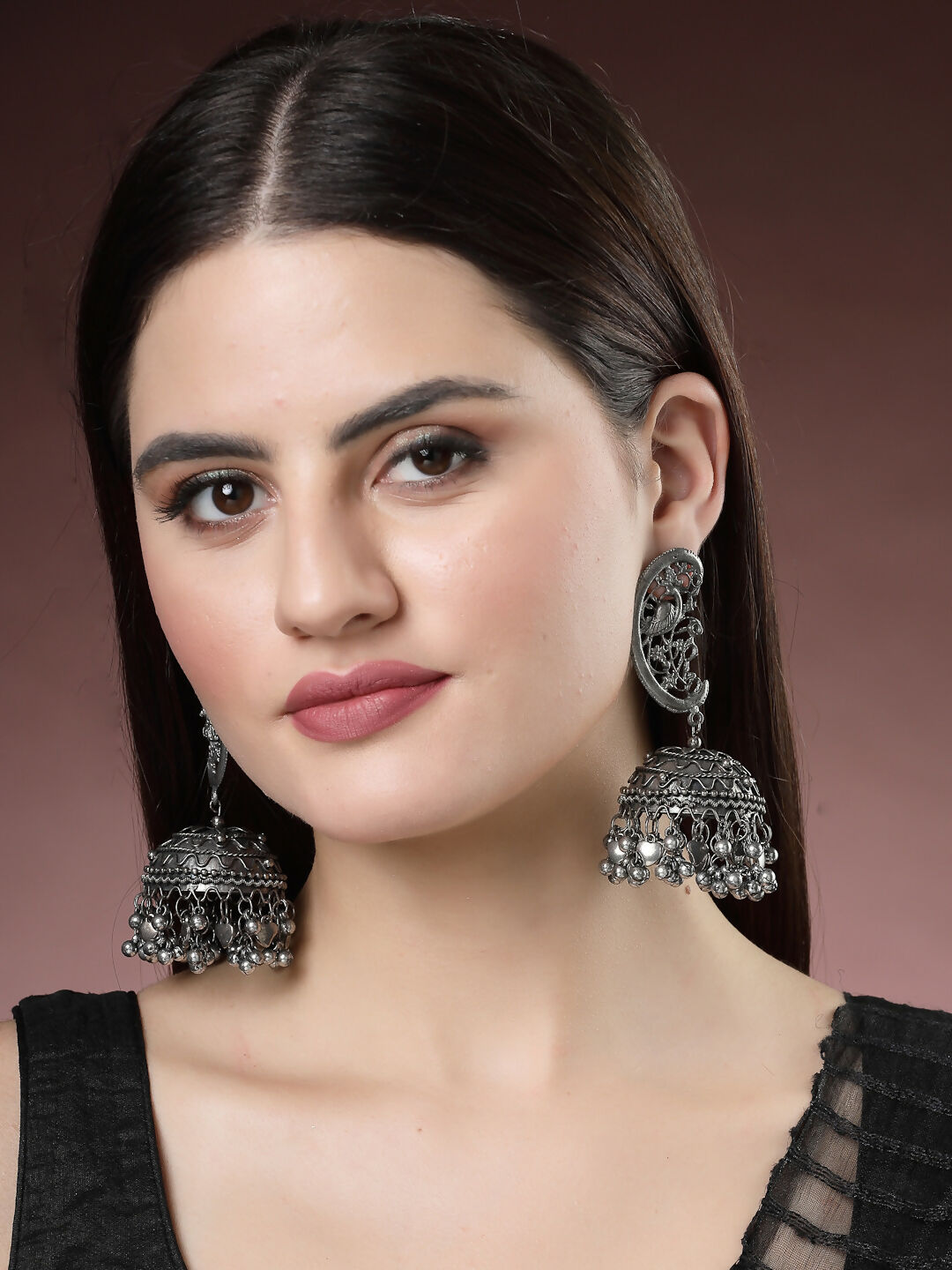 NVR Women's Silver-Plated Oxidised Dome Shaped Jhumka Earrings | Swadesiicart