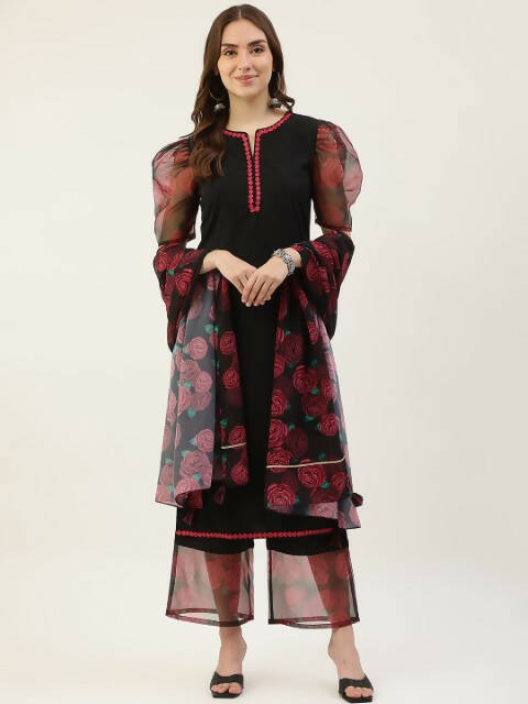 FIORRA Women's Black Crepe Straight Kurta Palazzo Set With Dupatta - Swadesiicart