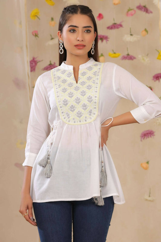 Juniper Women White Cotton Moss Embroidered A-Line Tunic | Swadesiicart