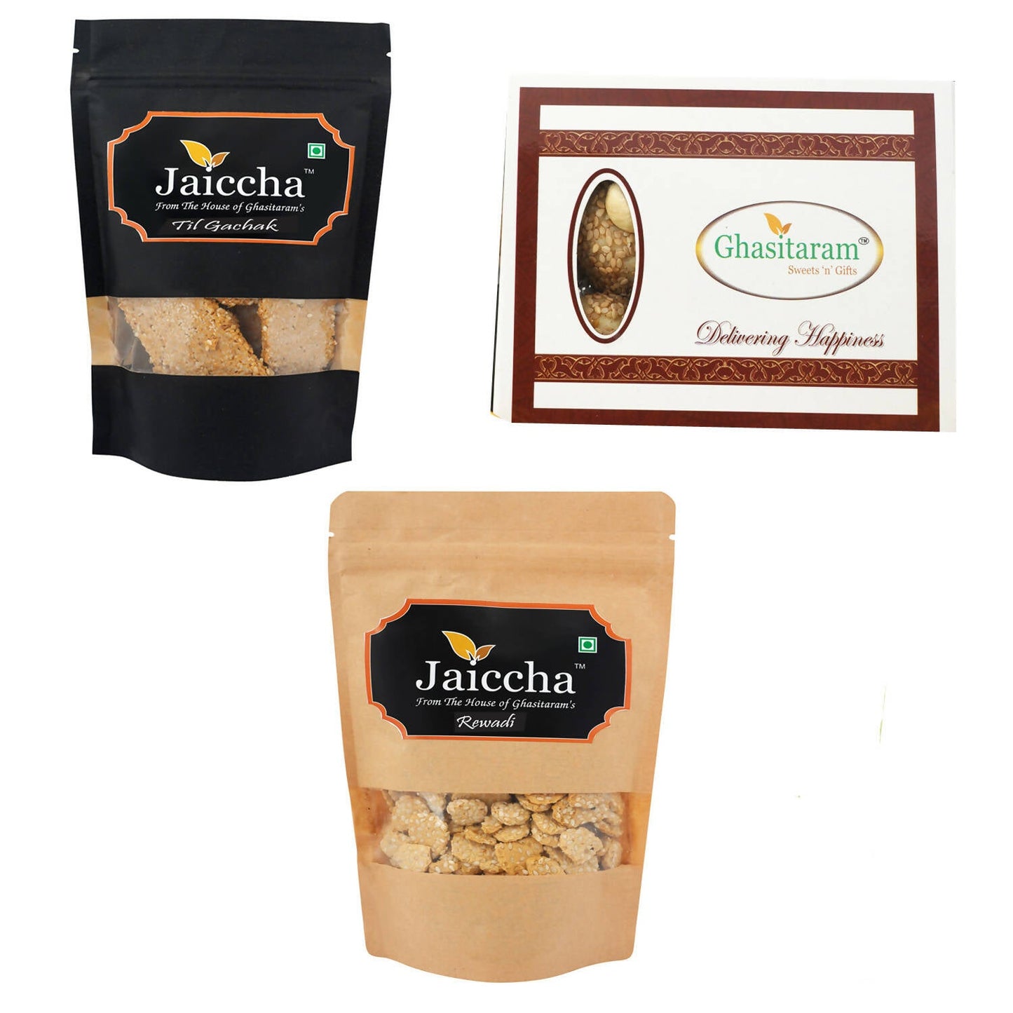 Ghasitaram Sankranti /Lohri Sweets Til Gachak, Gud Rewadi Pouches And MawacTil Laddoo(Bhuga) Box Combo | Swadesiicart