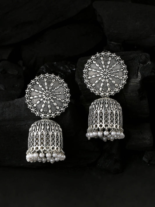 NVR Women Silver Toned Dome Shaped Jhumkas Earrings | Swadesiicart