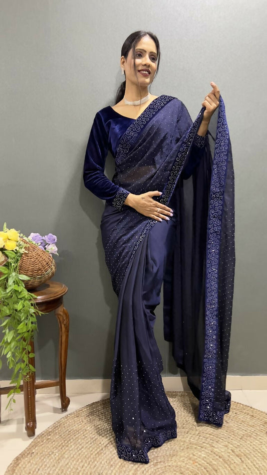 Vastranavya Dark Purple Rangoli Silk Swarovski work Ready to Wear Saree | Swadesiicart