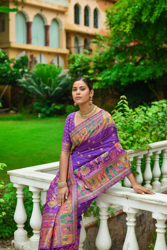 Vishnu Weaves Women's Purple Banarasi Silk Kashmiri Woven Saree with Blouse - Swadesiicart