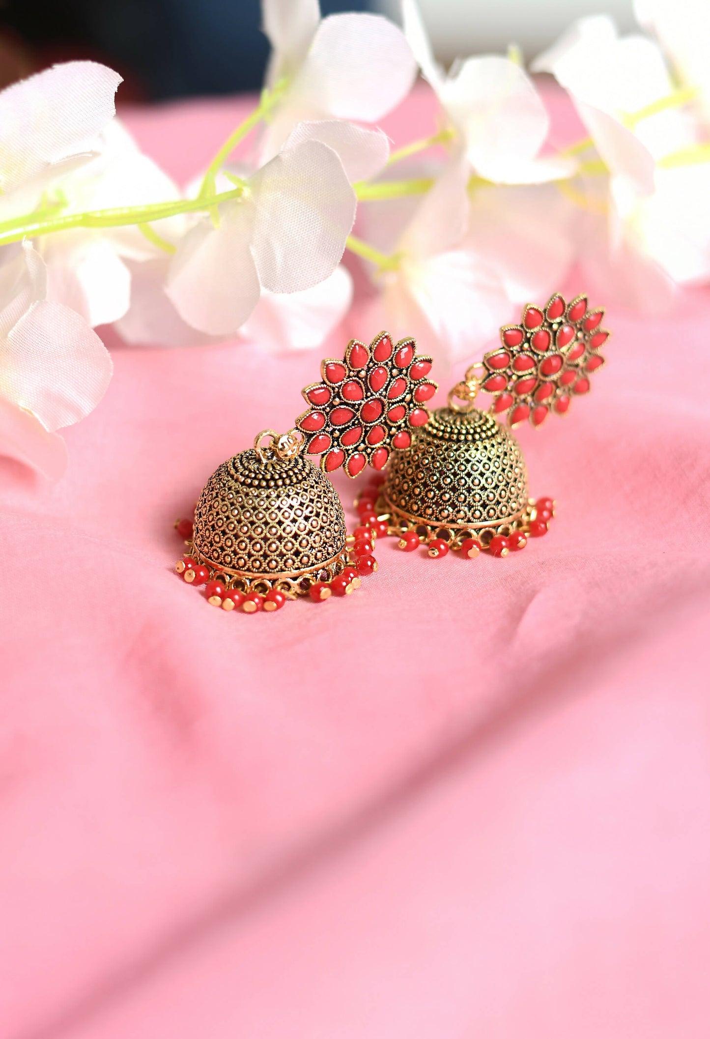 Mominos Fashion Joharkamal Kundan work Jhumka with Red Beads - Swadesiicart