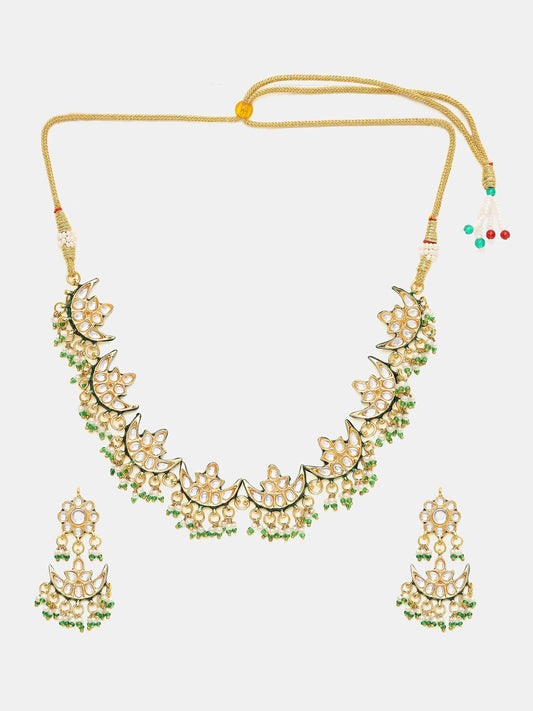 Ruby Raang Gold Polished Kundan Work Gold Half Moon Kundan Necklace With Earrings | Swadesiicart
