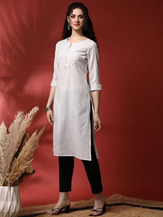 Anouk Striped Notch Neck Pure Cotton Straight Kurta - Swadesiicart