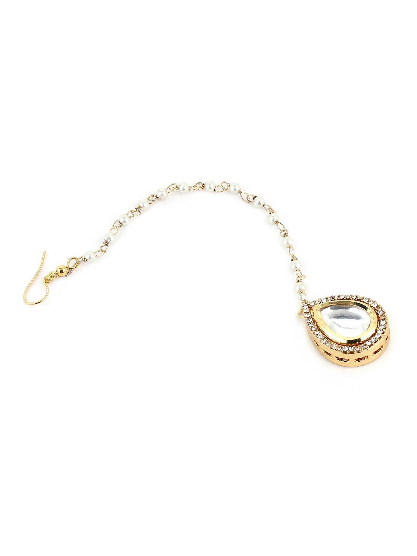 Gold-Polished White Kundan-Studded Pearl Beaded Maang Tikka - Ruby Raang | Swadesiicart