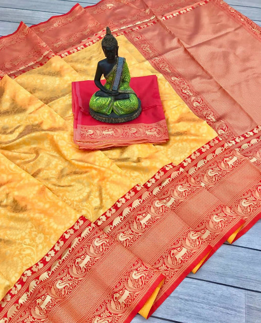 DEIANA'S Beautiful Designer Golden zari Soft Lichi Silk Saree - Yellow - Swadesiicart