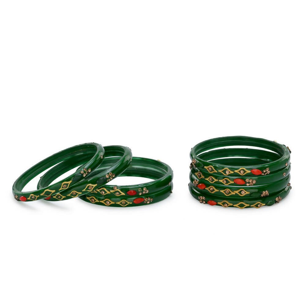 Afast Designer Fancy Party Bangle/ Kada Set, Green, Glass, Pack Of 8 - Swadesiicart