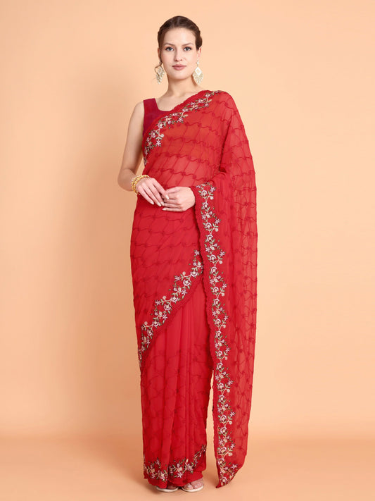 Vamsee Ammelia Red Georgette Saree - Swadesiicart