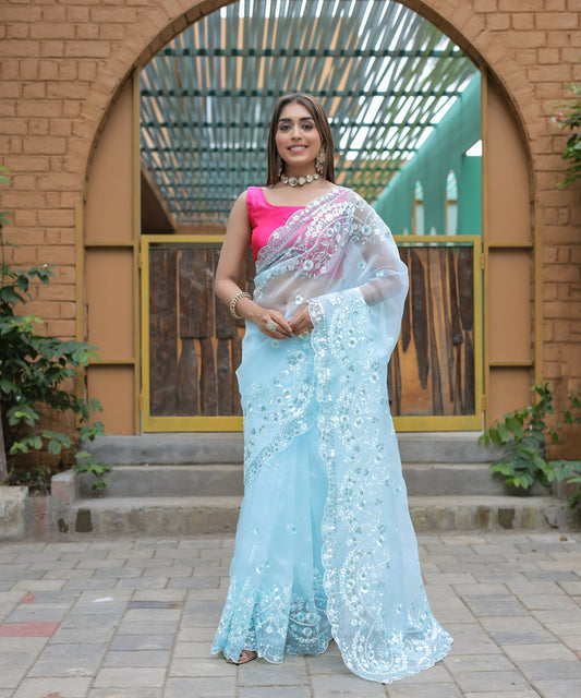 Vamsee Kiki Sky Organza Saree - Swadesiicart