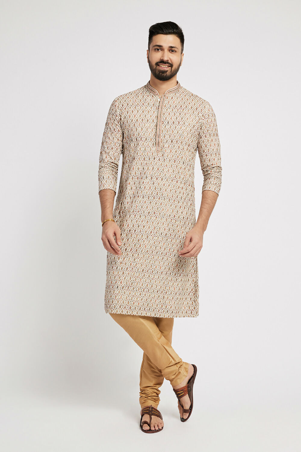 Ethnic India Beige Men's Kurta Embellished Viscose Rayon | Swadesiicart