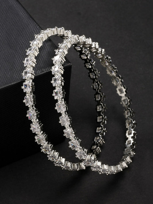NVR Women's Set of 2 Silver-Plated CZ Stone-Studded Handcrafted Bangles - Swadesiicart