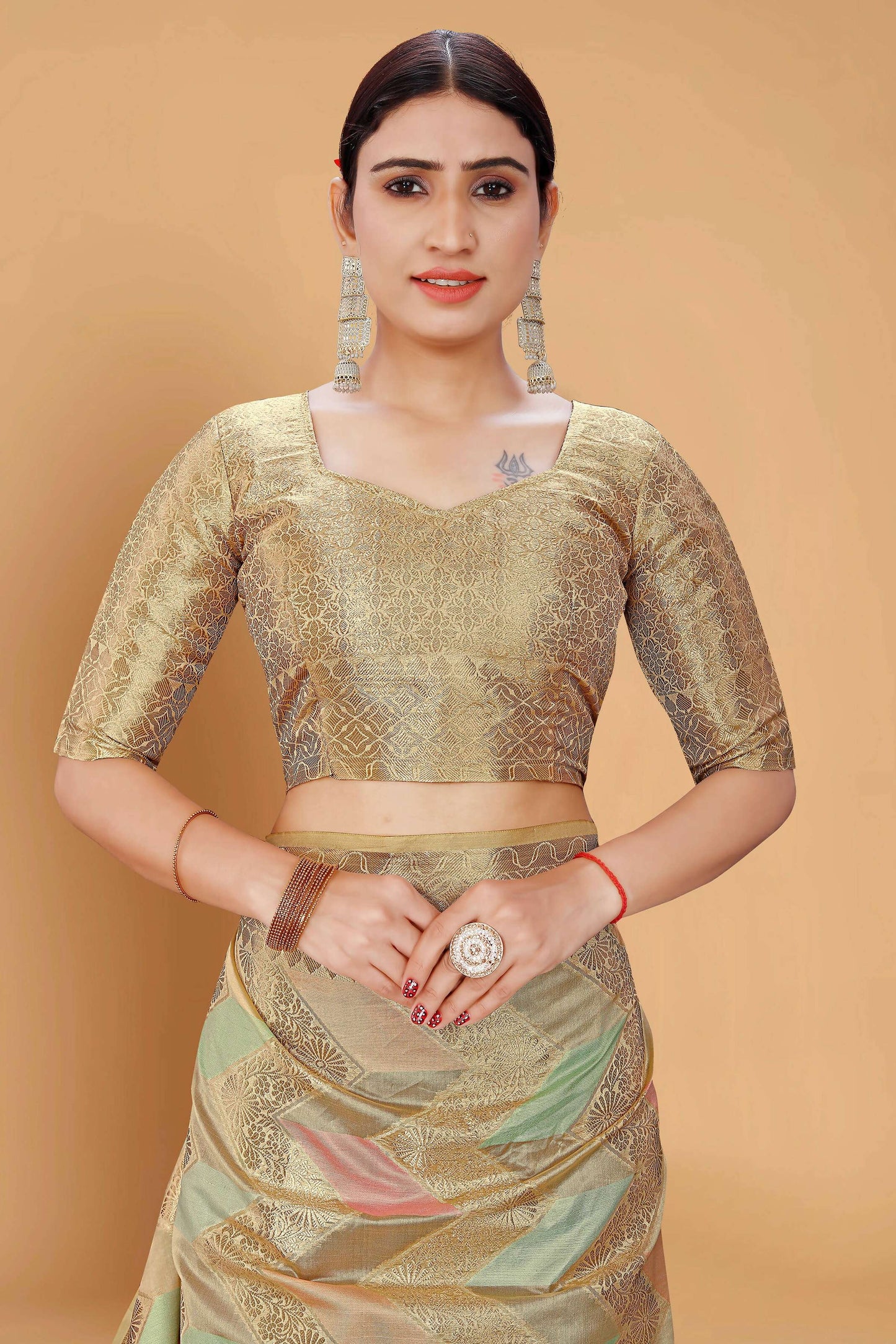 Beige Soft Organza Woven Design Saree With Unstitched Blouse Piece - Zaara