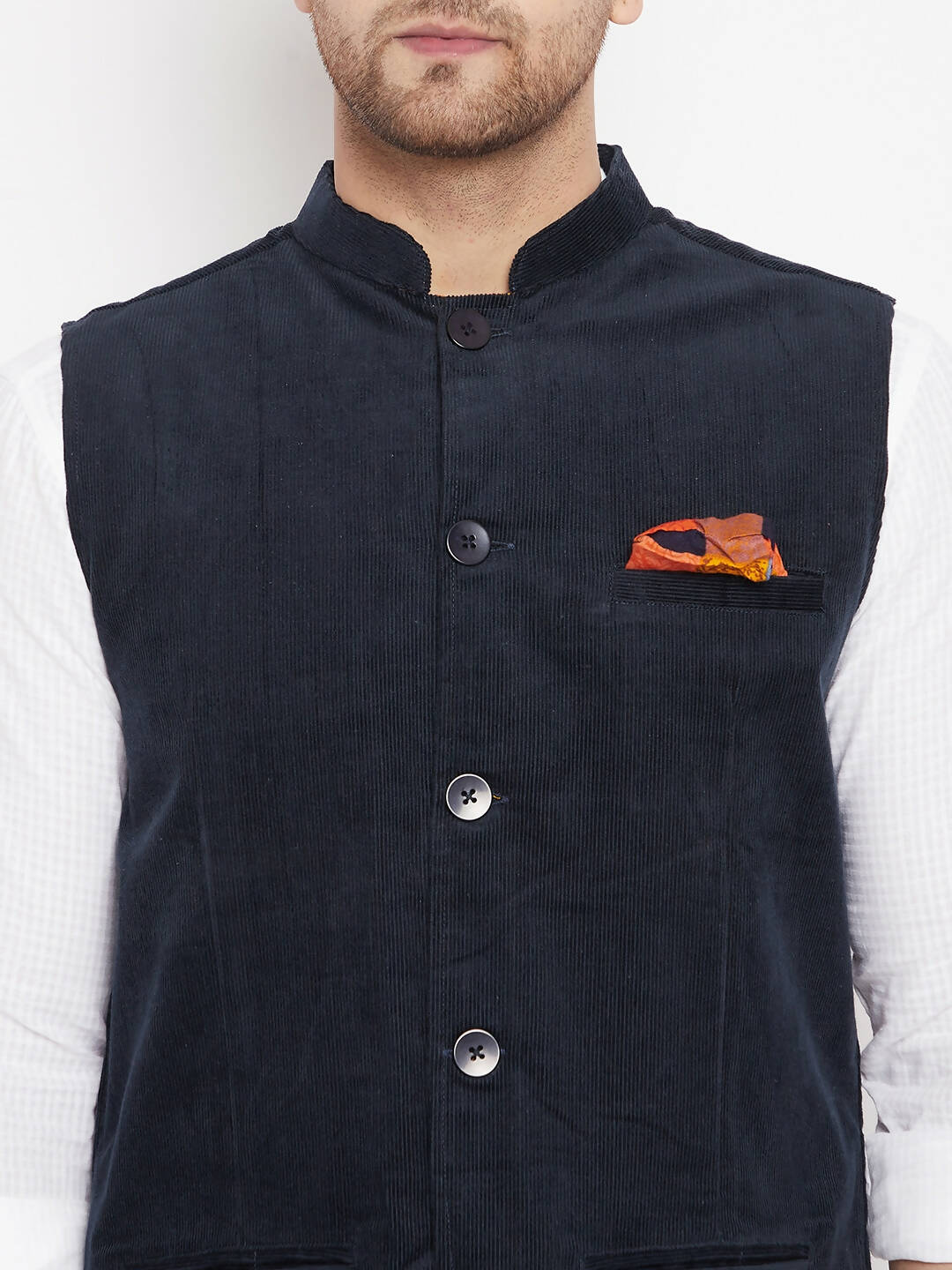 Even Apparels Navy Polyester Men's Nehru Jacket-Contrast Lining-Inbuilt Pocket Square | Swadesiicart