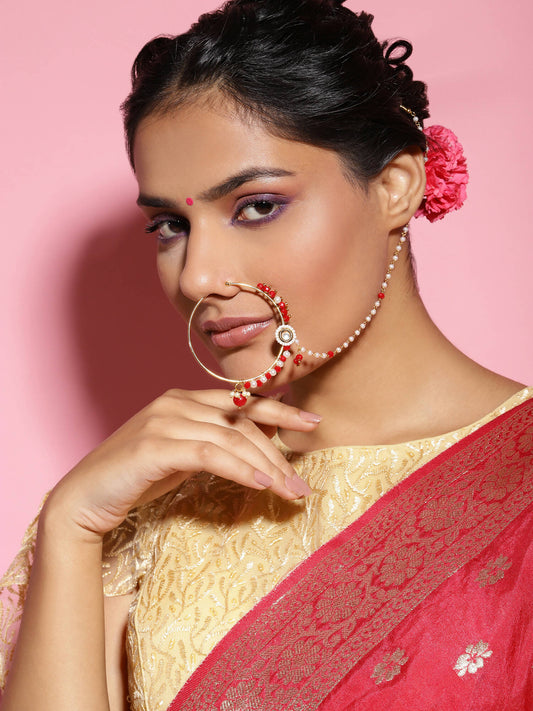 White Red Gold-Polished Kundan-Studded Beaded Nosepin - Ruby Raang | Swadesiicart