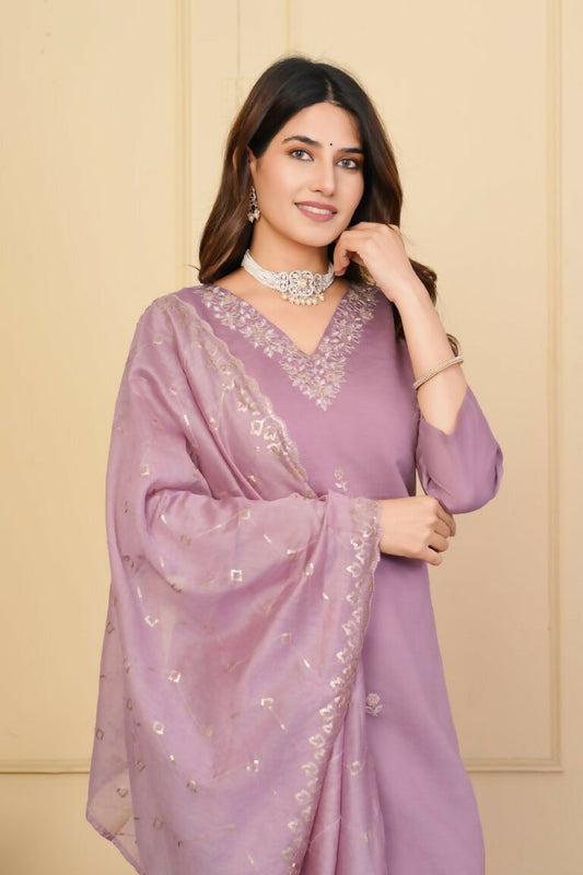 Wine Viscose Chanderi Embroidered Stitched Suit With Dupatta - Tanisha | Swadesiicart