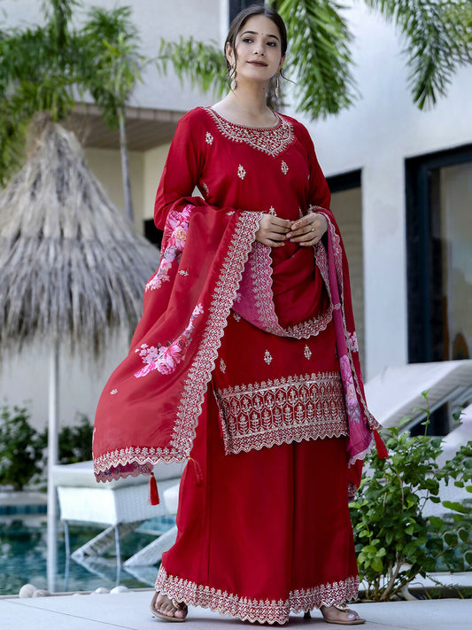 The52 Red Women's Gorgeous Embroidered Vichitra Silk Fabric Straight Kurta, Sharara and Dupatta Set - Swadesiicart