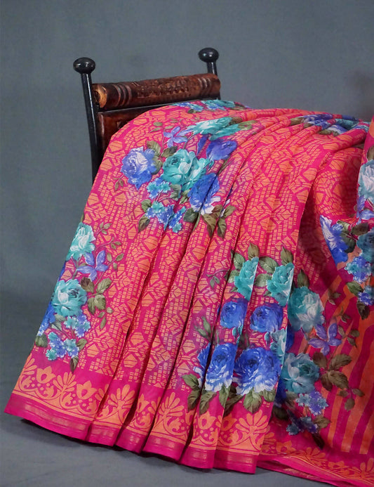 Shades Of Rani Pink Floral Design Semi Chanderi Saree By Gayathri Reddy Designer Studio | Swadesiicart