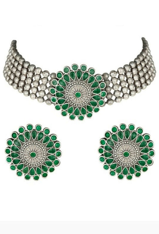 Mominos Fashion Johar Kamal Oxidised Silver-Plated Brass Finish Kundan Choker For Women (Green) | Swadesiicart