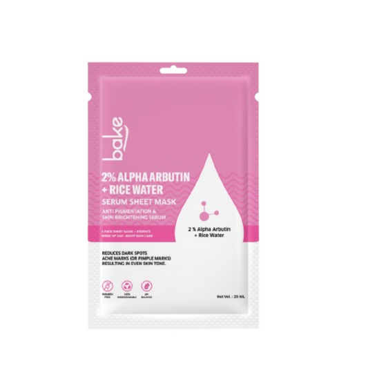 Bake 2% Alpha Arbutin + Rice Water Serum Sheet Mask | Swadesiicart
