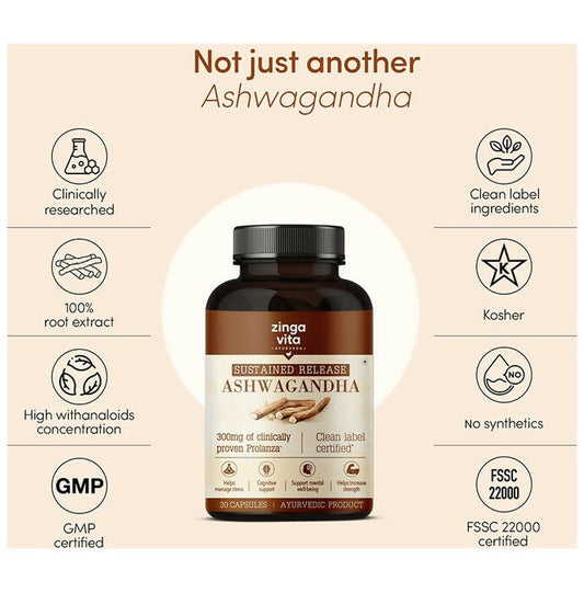 Zingavita Ayurveda Sustained Release Ashwagandha 300mg Capsules - Swadesiicart