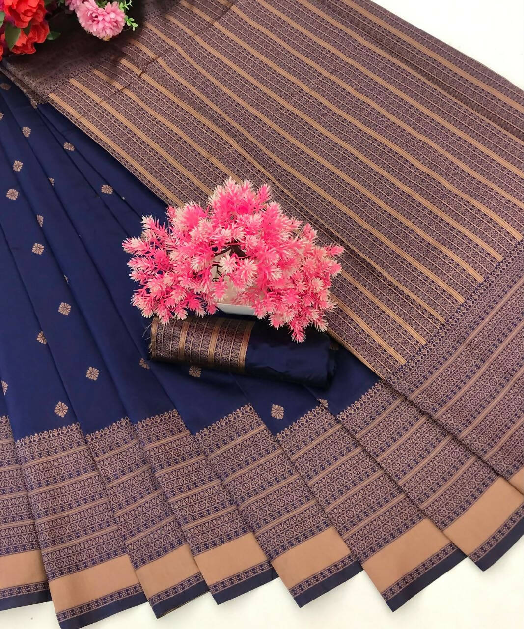 DEIANA'S Beautiful Designer Golden zari Soft Lichi Silk Saree - Navy Blue - Swadesiicart