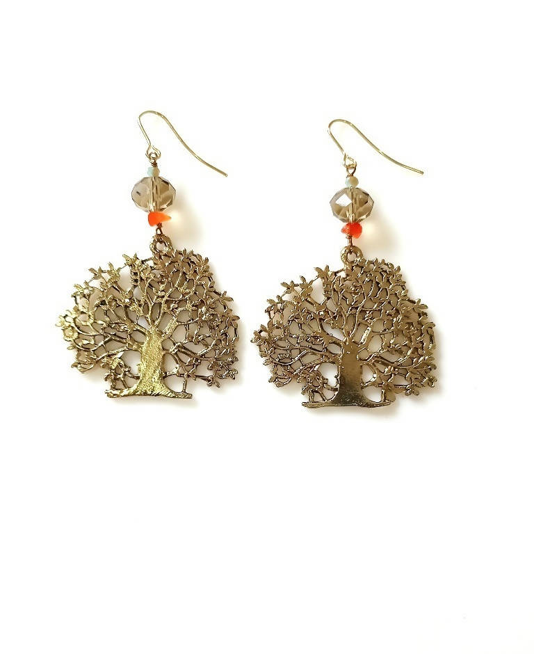 Bling Accessories Antique Brass Finish Brass Tree Shape Metal Earrings | Swadesiicart