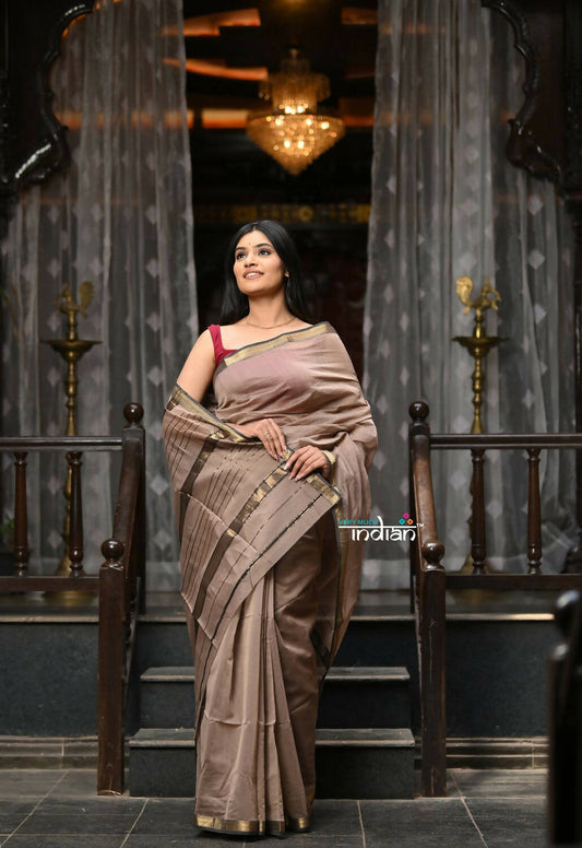 Very Much Indian VMI Exclusive Designer! Handloom Cotton Silk Saree With Sleek Golden Border - Warm Taupe | Swadesiicart