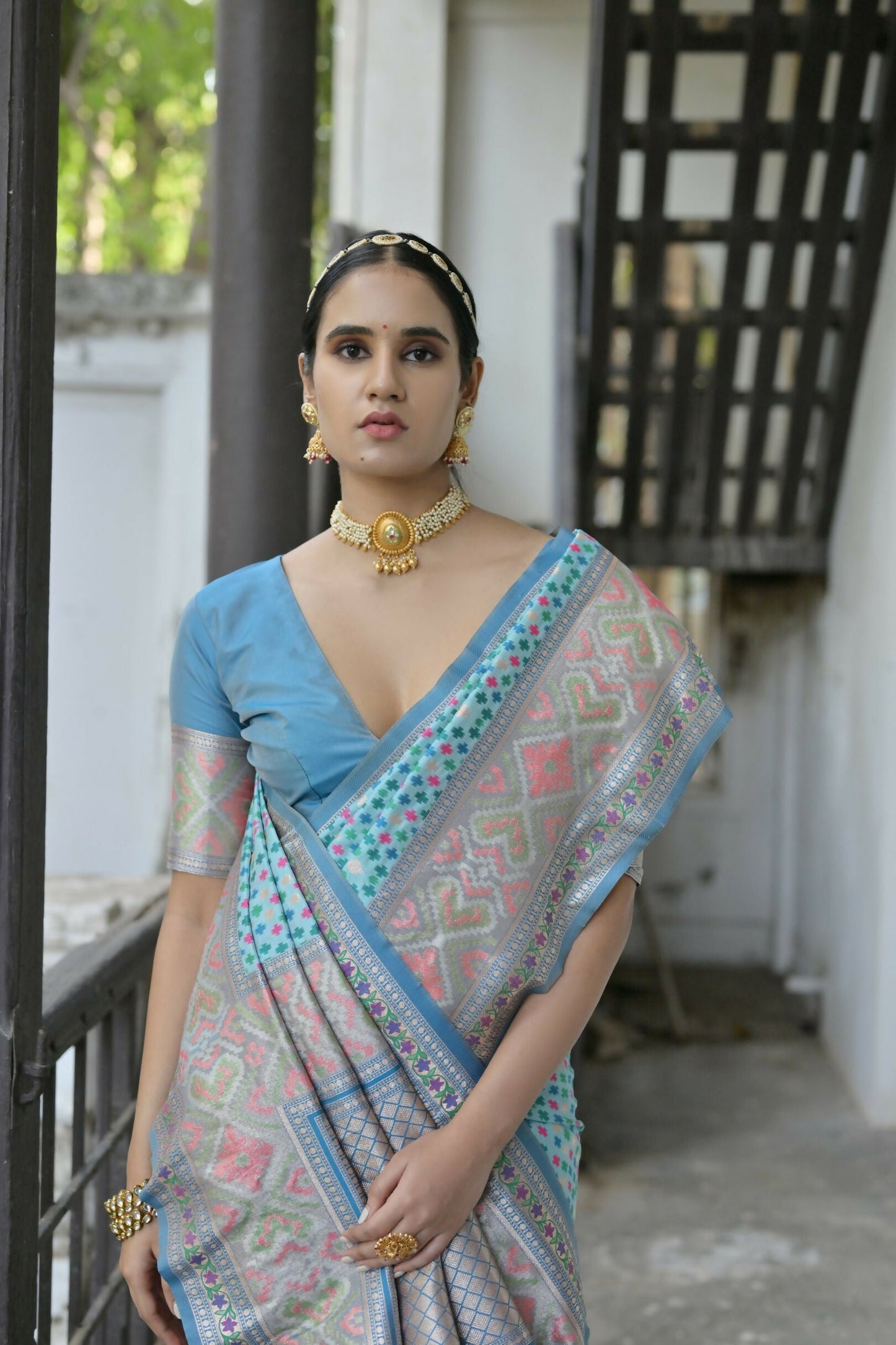 Vishnu Weaves Women's Firozi Paithani Silk Saree with Blouse - Swadesiicart