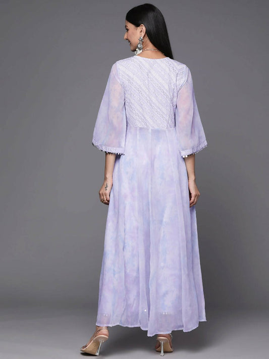 Ahalyaa Lavender & White Floral Printed High Slit Sequined Kurta with Palazzos | Swadesiicart