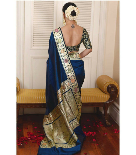 DEIANA'S Beautiful Designer Golden zari Soft Lichi Silk Saree - Blue - Swadesiicart