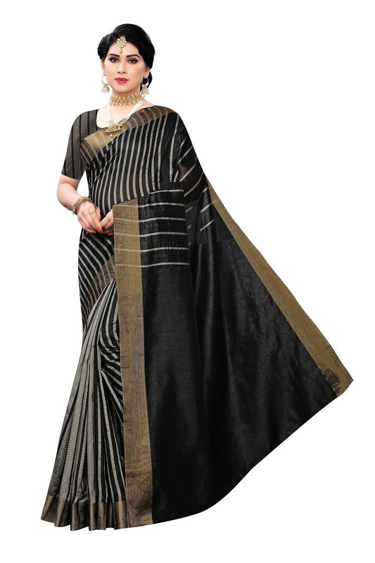 Vamika Black and White Lines Cotton Silk Weaving Saree (Paithani Black) | Swadesiicart