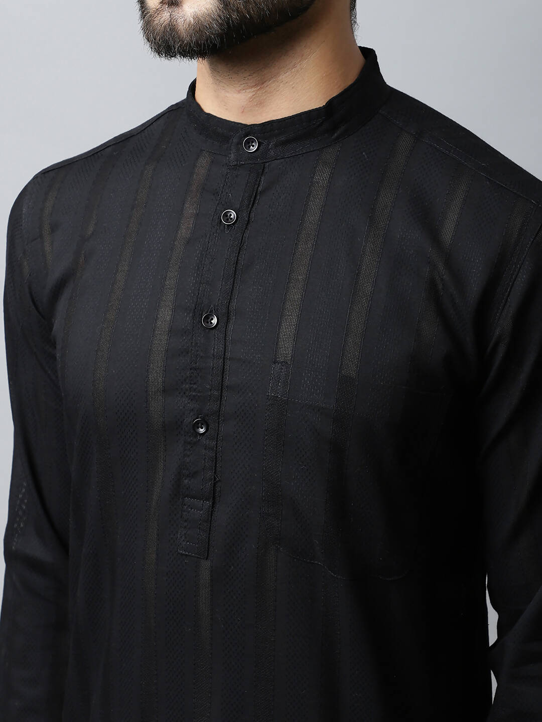 Even Apparels Black Color Pure Cotton Men's Kurta With Band Collar (STR1188) | Swadesiicart