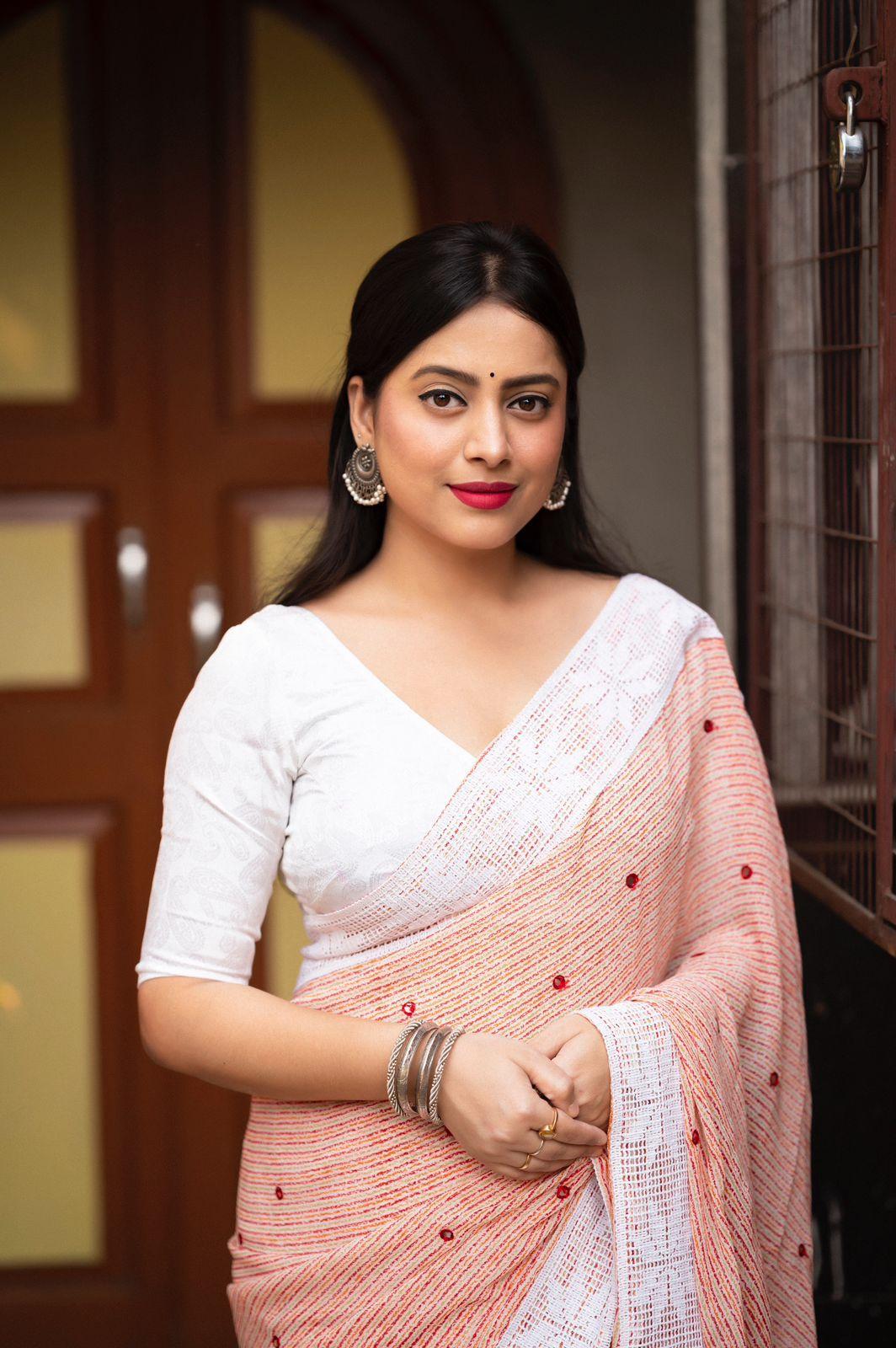 Peach Poly Georgette Ethnic Motifs Saree with Unstitched Blouse - Hiral Fashion | Swadesiicart