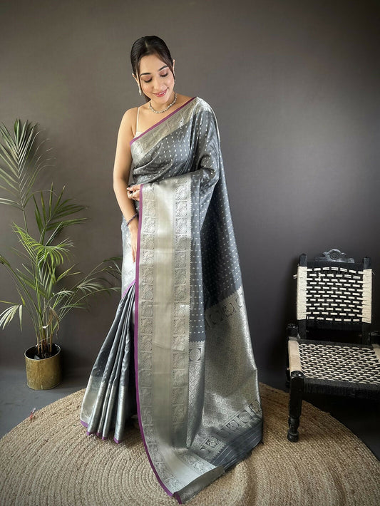 Joban Fashion Grey Small Butti Banarasi Silk Sarees | Swadesiicart