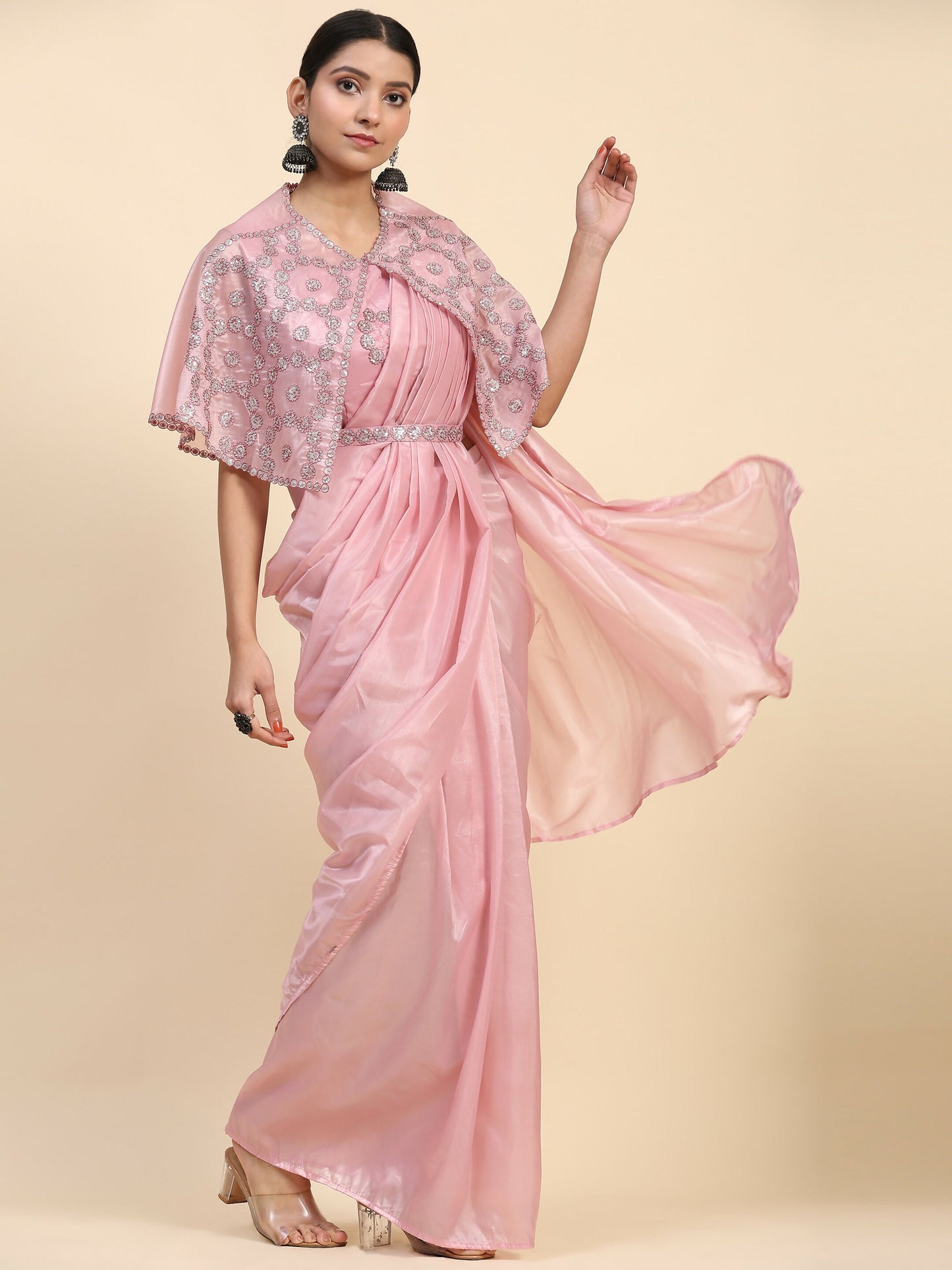 Pink Satin Solid Ready to wear Saree with stitched Blouse - Vanita | Swadesiicart
