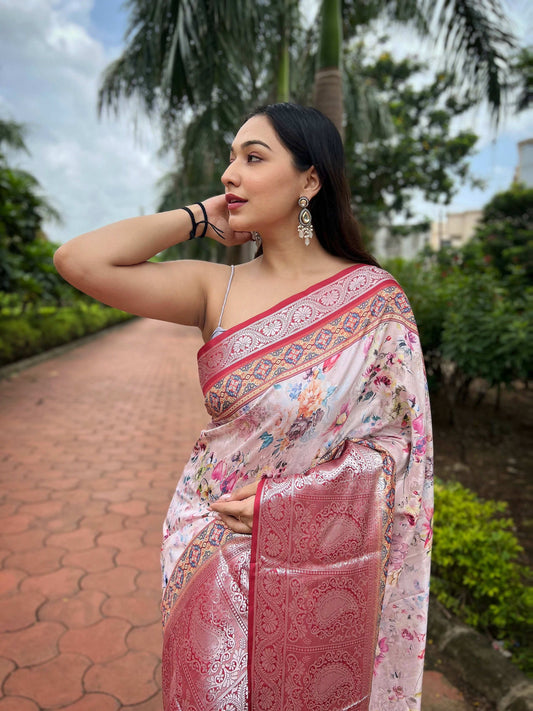 Vamsee Bhavi Red Tussar Dola Satin Silk Saree - Swadesiicart