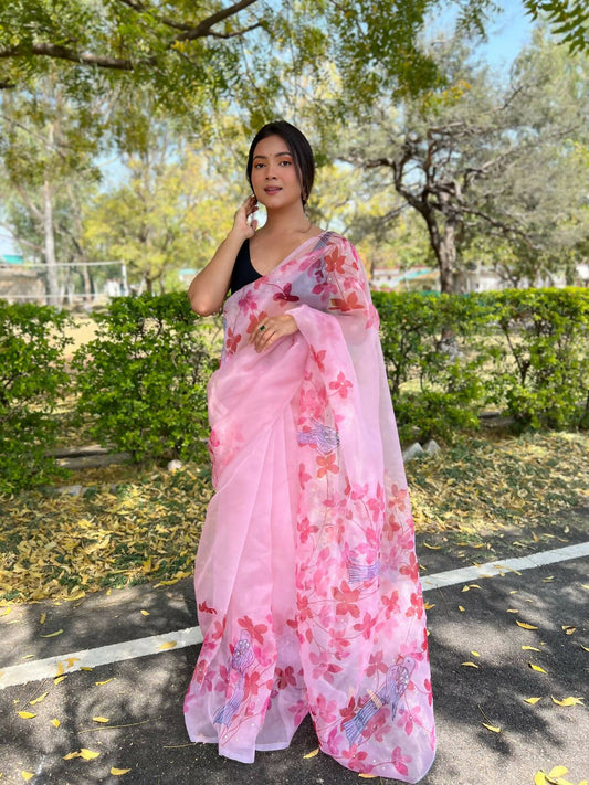 Vamsee Pink Organza Saree - Swadesiicart