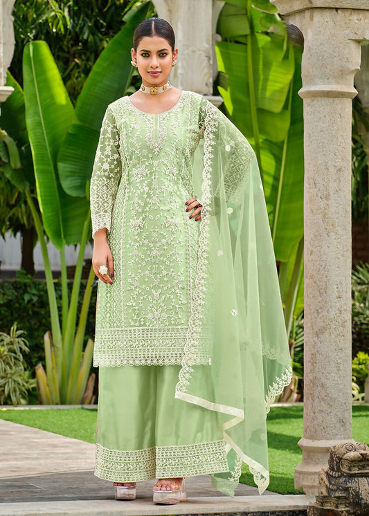 Pista Green Stone & Cording Work Festive Palazzo Suit - Emponline | Swadesiicart