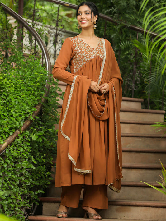 Janasya Brown Georgette Yoke Embroidery Kurta,Bottom & Dupatta | Swadesiicart