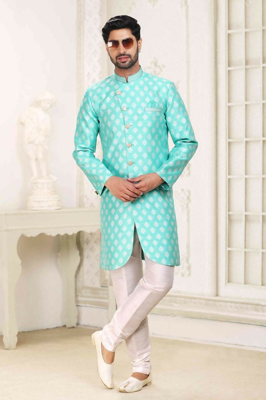 Raivat Ethnic Banarasi Jacquard Embroidery Semi Indo Western Sherwani In Green Colour | Swadesiicart