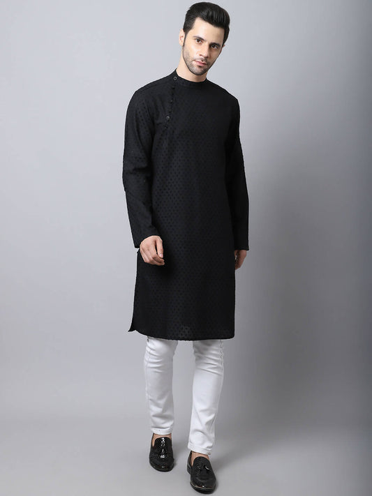Even Apparels Black Pure Cotton Men's Kurta With Side Placket (MMS446) | Swadesiicart