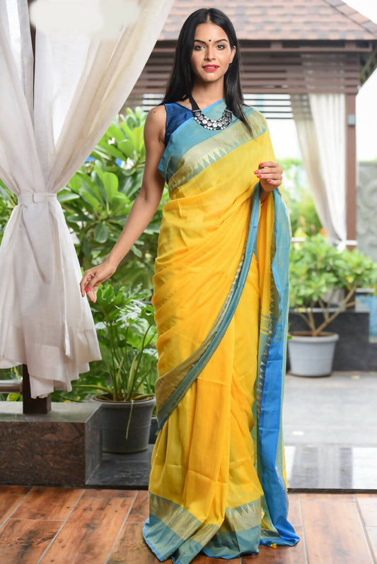 Very Much Indian Pure Cotton Handloom Saree With Intricate Borders - Yellow | Swadesiicart