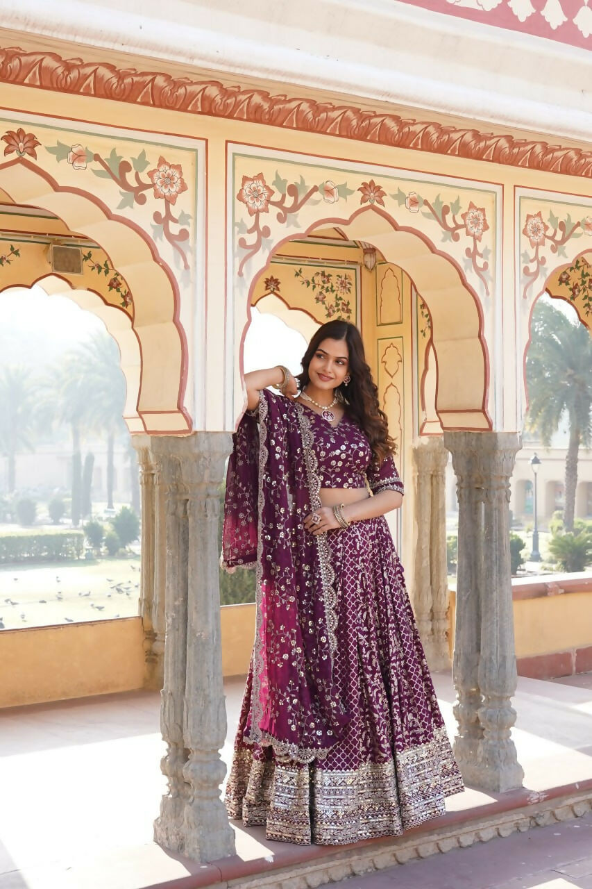 Lorenvalley Purple Pure Viscose Jacquard With Embroidered Sequins work Lehenga Choli | Swadesiicart