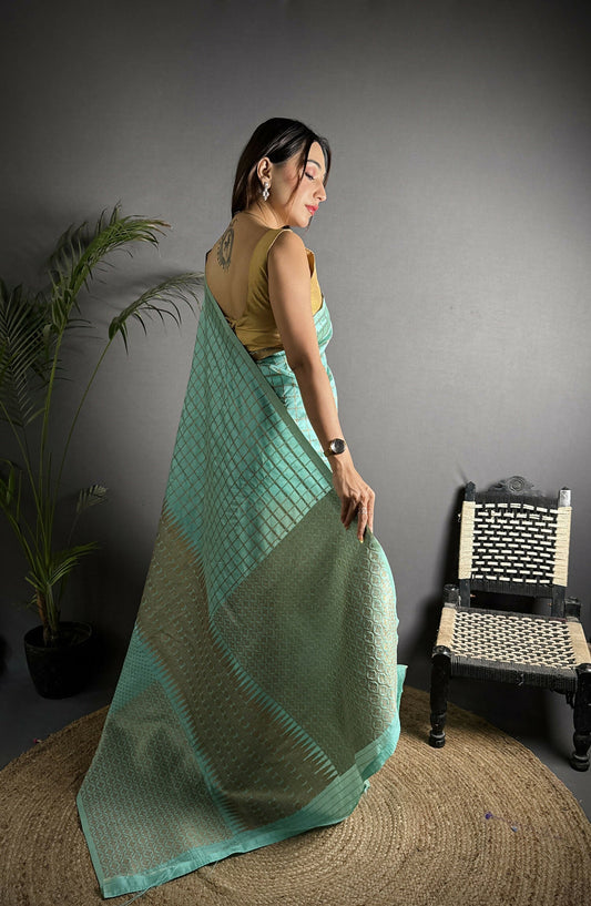 Joban Fashion Light Blue Banarasi Soft Lichi Silk Checks & Woven Saree | Swadesiicart