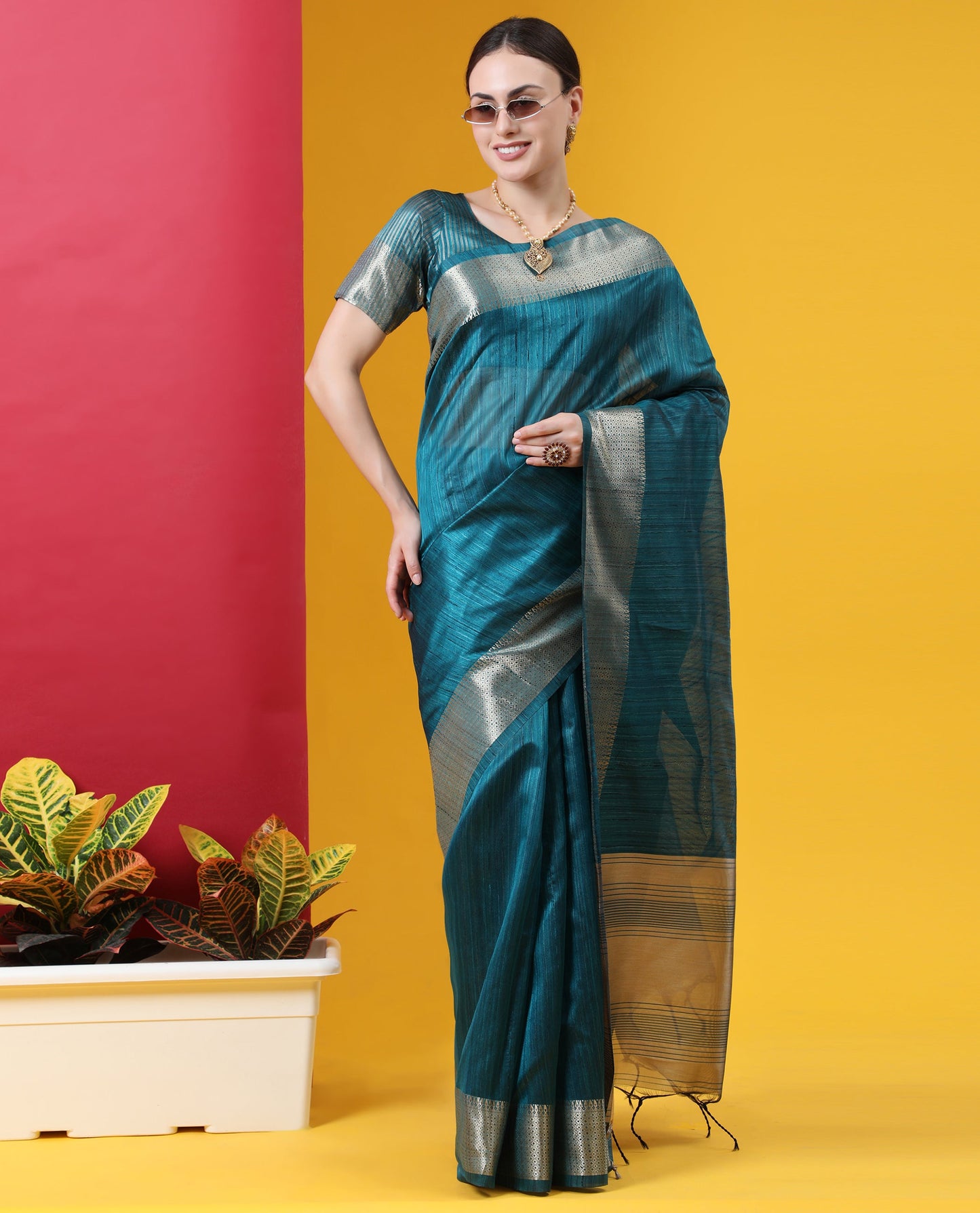 Vishnu Weaves Women's Teal Blue Tussar Silk Zari Woven Saree with Blouse - Swadesiicart