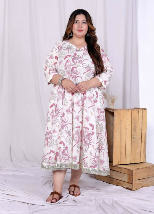 Miravan Women's Plus Size Pink Cotton Gota and Lace Border Birds and Leaf Floral Printed Anarkali Kurta - Swadesiicart