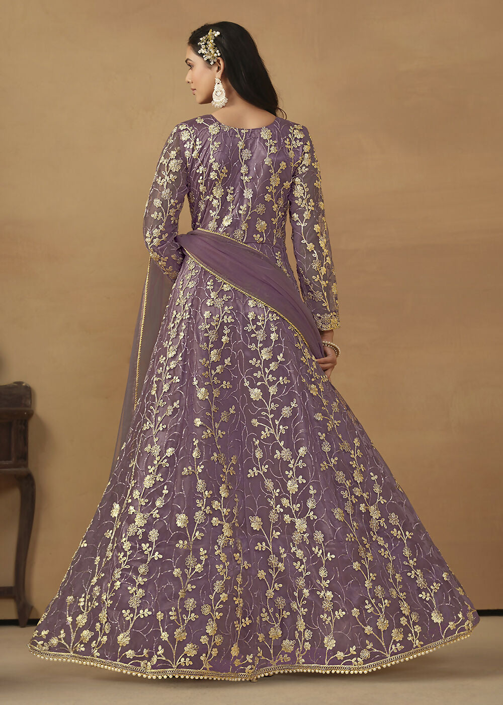 Pant Style Purple Embroidered Net Wedding Anarkali Suit - Emponline | Swadesiicart