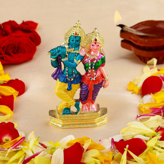 Estele Gold-Polished Devotional Shree Radha Krishna Idol with Multi Color Stone Type:Enamel for Home/Car Decor - Swadesiicart